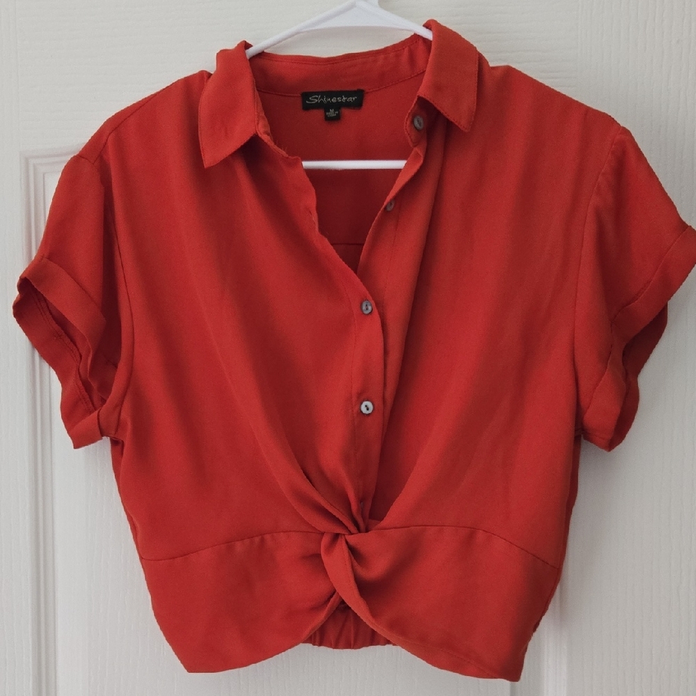Shinestar Women's Red Button-Down Twist Shirt